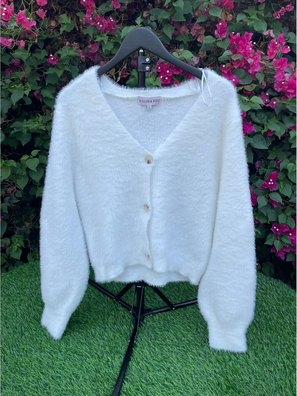 Willow & Wind White Fuzzy V-Neck Button-Up Cardigan Sweater